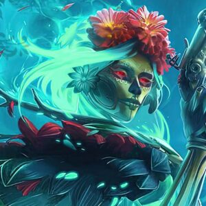 An illustration of the Dota 2 Hero Muerta with 10 years written in the top left corner