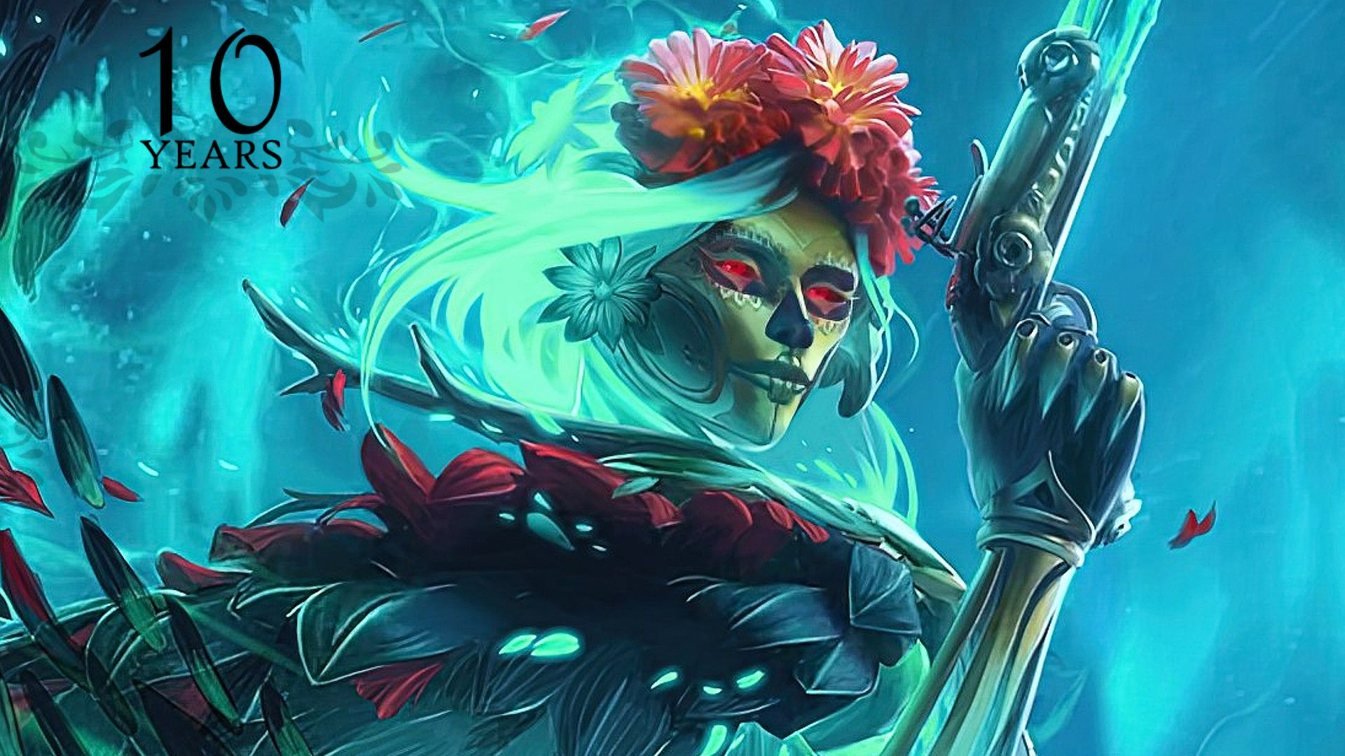 An illustration of the Dota 2 Hero Muerta with 10 years written in the top left corner