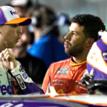 Denny Hamlin and Bubba Wallace wait along pit road during Daytona 500 pole qualifying at Daytona International Speedway, Wednesday, Feb.16, 2022. Daytona Pole09