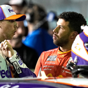 Denny Hamlin and Bubba Wallace wait along pit road during Daytona 500 pole qualifying at Daytona International Speedway, Wednesday, Feb.16, 2022. Daytona Pole09