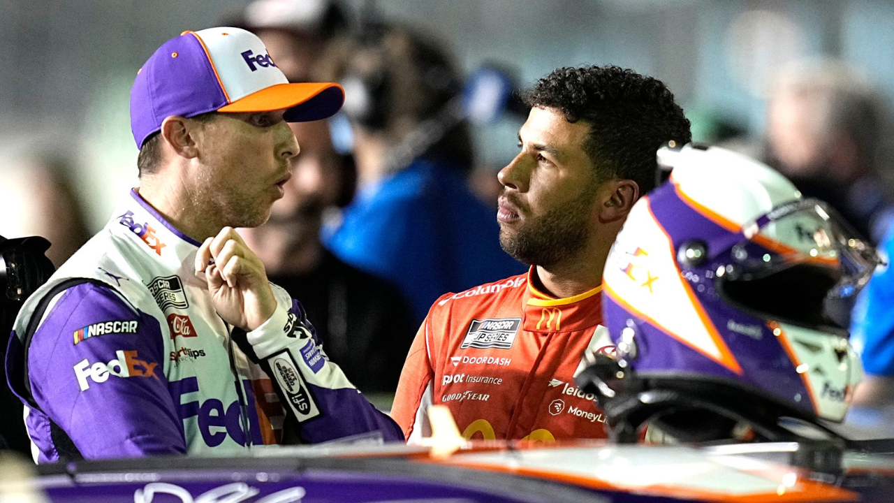 Denny Hamlin and Bubba Wallace wait along pit road during Daytona 500 pole qualifying at Daytona International Speedway, Wednesday, Feb.16, 2022. Daytona Pole09