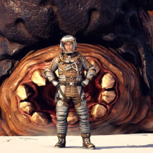 The player character standing in front of an alien species in Starfield