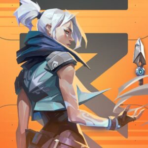 The official cover image of Valorant 7.02 patch update showcasing Jett with a custom made Valorant background