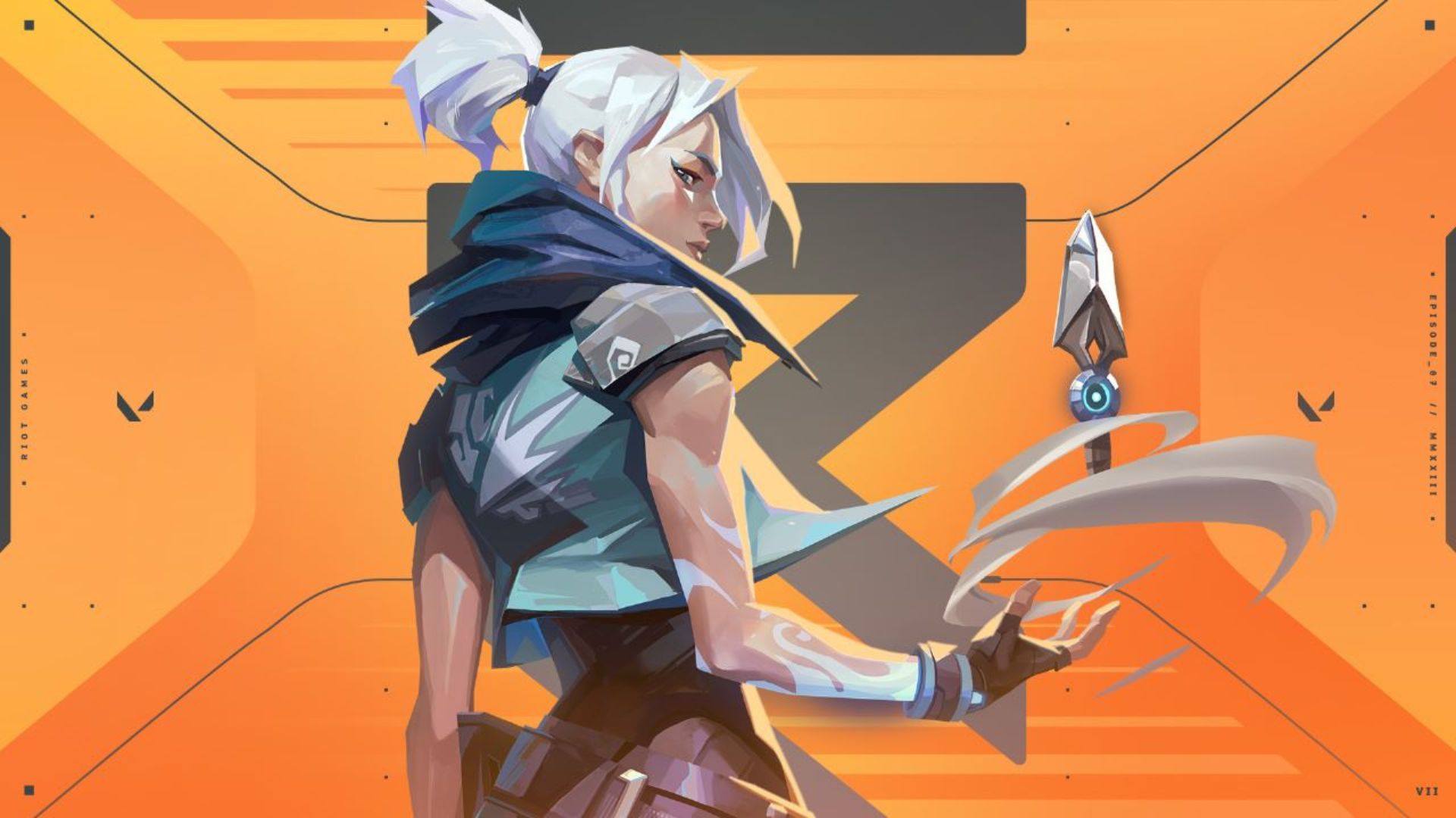 The official cover image of Valorant 7.02 patch update showcasing Jett with a custom made Valorant background