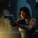 Lara Croft with a pistol in her hand