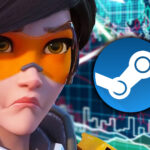 An image displaying Tracer from Overwatch 2 who is sad with Steam logo and downhill stock