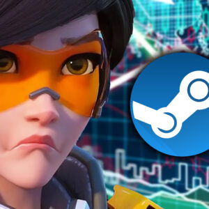 An image displaying Tracer from Overwatch 2 who is sad with Steam logo and downhill stock
