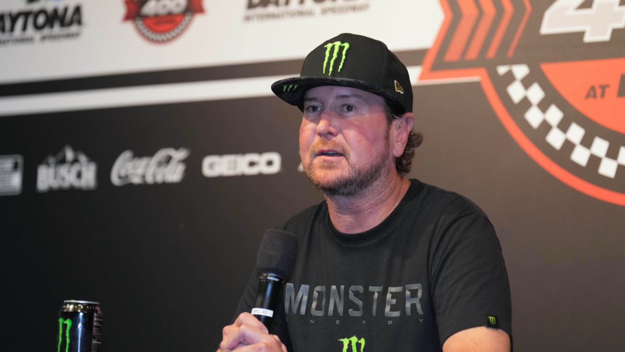 Aug 26, 2023; Daytona Beach, Florida, USA; Kurt Busch address s the media after announcing his retirement prior to the Coke Zero Sugar 400 at Daytona International Speedway. Mandatory Credit: David Yeazell-USA TODAY Sports