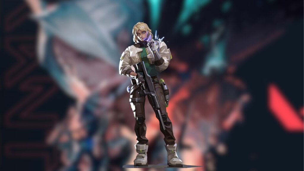 An illustration of Deadlock with the Valorant release cover image blurred in the background