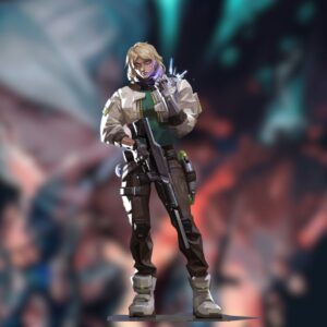 An illustration of Deadlock with the Valorant release cover image blurred in the background