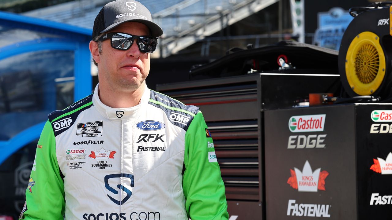 Aug 12, 2023; Speedway, Indiana, USA; NASCAR Cup Series driver Brad Keselowski (6) during practice for the Verizon 200 at the Brickyard at Indianapolis Motor Speedway Road Course. Mandatory Credit: Mike Dinovo-USA TODAY Sports