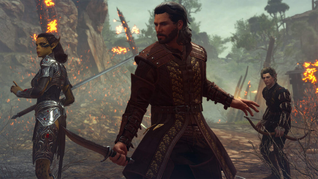Gale, Asterion, and Lae'zel standing with their weapon's drawn in a fight.