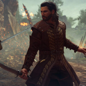 Gale, Asterion, and Lae'zel standing with their weapon's drawn in a fight.