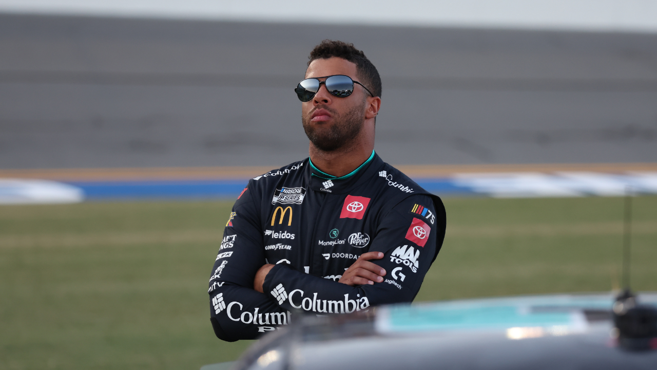 Aug 25, 2023; Daytona Beach, Florida, USA; NASCAR Cup Series driver Bubba Wallace (23) on the grid prior to the Coke Zero Sugar 400 at Daytona International Speedway. Mandatory Credit: David Yeazell-USA TODAY Sports