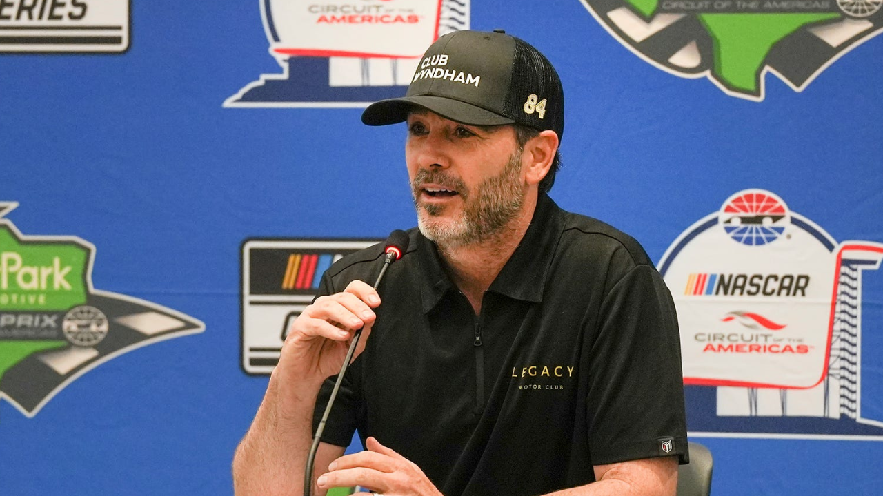 Driver Jimmie Johnson speaks during a press conference following the NASCAR Cup series practice at Circuit of the Americas Friday, March 24, 2023.