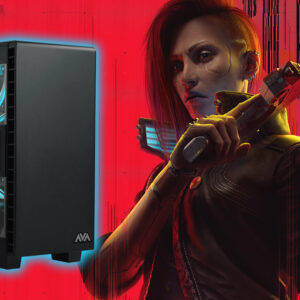 An image showing Gaming PC on right and V from Cyberpunk 2077 Phantom Liberty on right