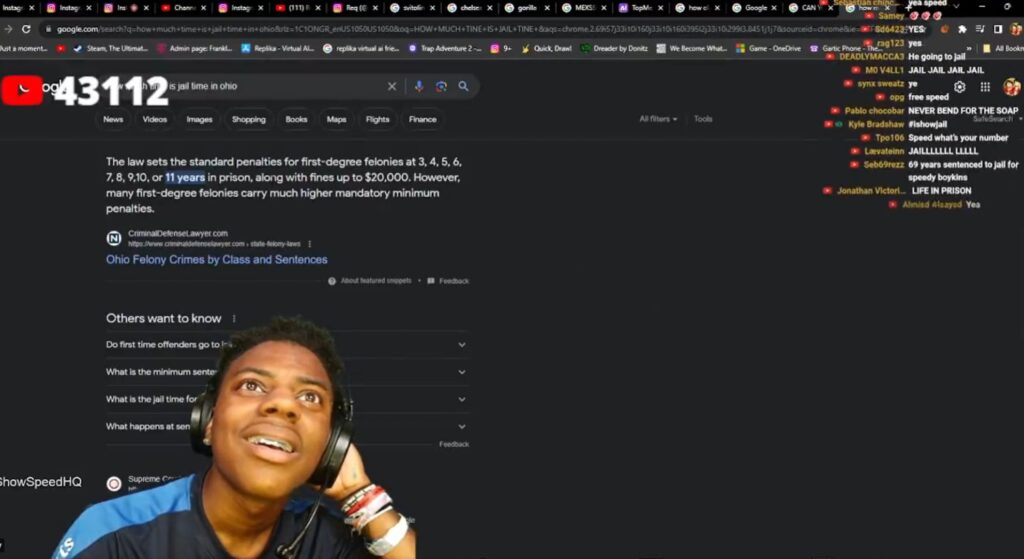 IShowSpeed freaks out after finding 11 years jail time after a prank call