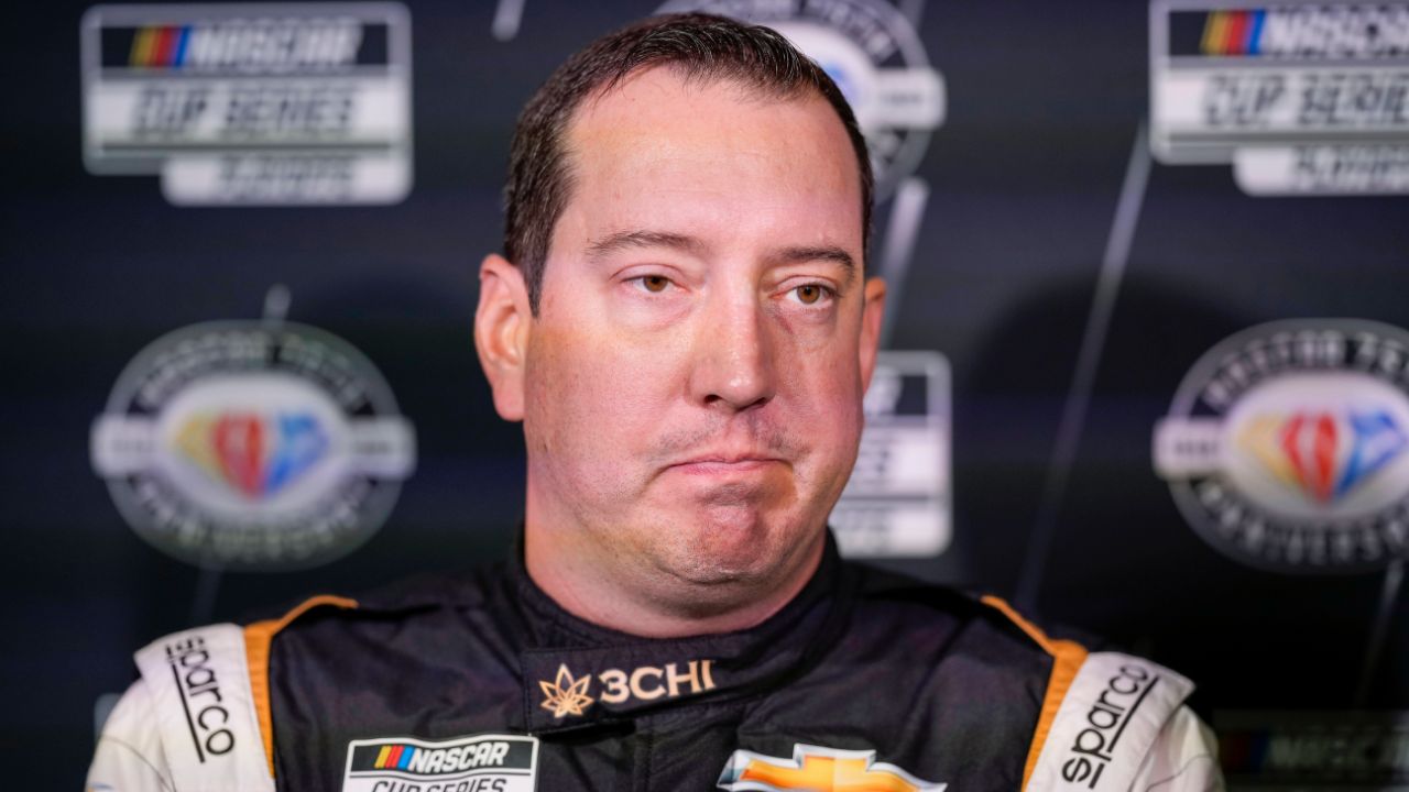 Aug 31, 2023; Charlotte, North Carolina, USA; Kyle Busch answers questions from the media at Charlotte Convention Center. Mandatory Credit: Jim Dedmon-USA TODAY Sports