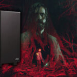 An image showing the main cover of Alan Wake 2 with a gaming PC with HHD and SSD drives