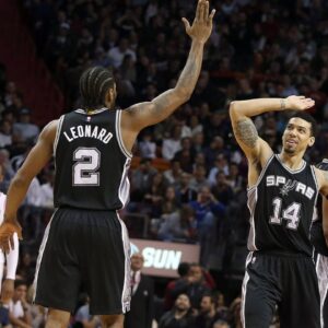 Feb. 9, 2016 - Miami, FL, USA - The San Antonio Spurs Kawhi Leonard (2) and Danny Green (14) celebrate in the fourth quarter of a 119-101 win against the Miami Heat at AmericanAirlines Arena in Miami on Tuesday, Feb. 9, 2016. San Antonio at Miami - ZUMAm67_