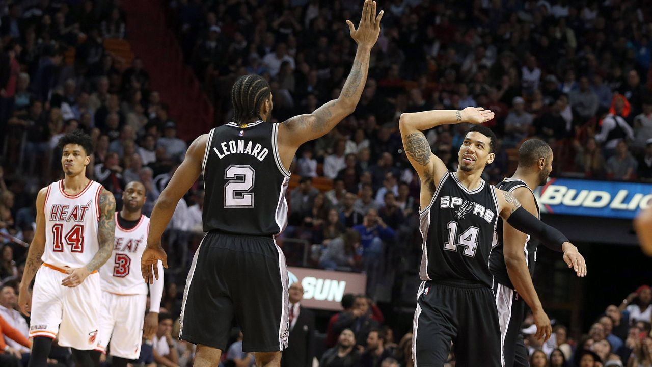 Feb. 9, 2016 - Miami, FL, USA - The San Antonio Spurs Kawhi Leonard (2) and Danny Green (14) celebrate in the fourth quarter of a 119-101 win against the Miami Heat at AmericanAirlines Arena in Miami on Tuesday, Feb. 9, 2016. San Antonio at Miami - ZUMAm67_
