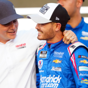 Vice Chairman of Hendrick Motorsports and former Cup driver Jeff Gordon congratulates NASCAR Cup Series driver Kyle Larson (5) after winning the NASCAR Cup Series Championship at Phoenix Raceway.