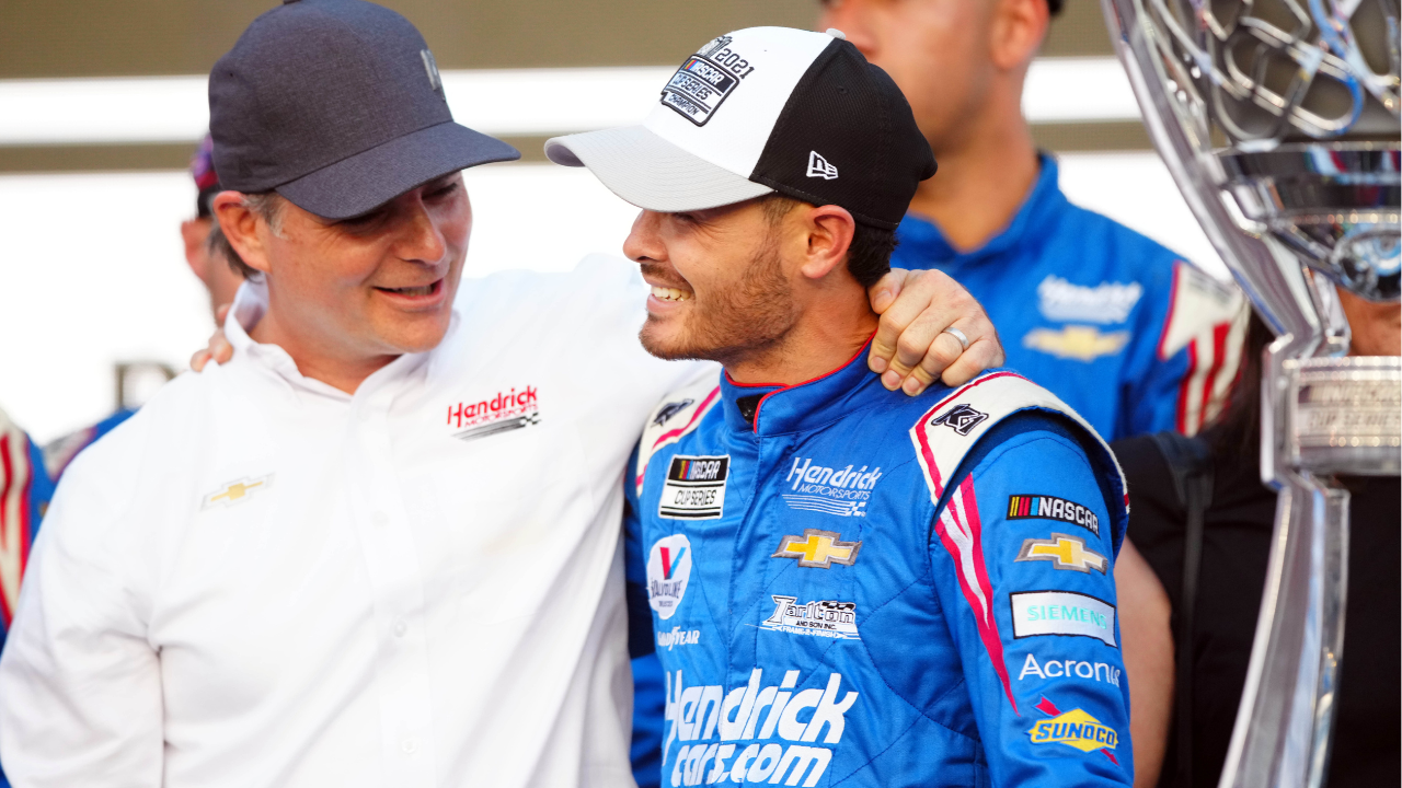 Vice Chairman of Hendrick Motorsports and former Cup driver Jeff Gordon congratulates NASCAR Cup Series driver Kyle Larson (5) after winning the NASCAR Cup Series Championship at Phoenix Raceway.
