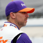 Apr 29, 2023; Dover, Delaware, USA; NASCAR Cup Series driver Denny Hamlin looks on during practice and qualifying for the Wurth 400 at Dover Motor Speedway. Mandatory Credit: Matthew OHaren-USA TODAY Sports