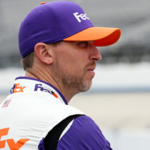 Apr 29, 2023; Dover, Delaware, USA; NASCAR Cup Series driver Denny Hamlin looks on during practice and qualifying for the Wurth 400 at Dover Motor Speedway. Mandatory Credit: Matthew OHaren-USA TODAY Sports
