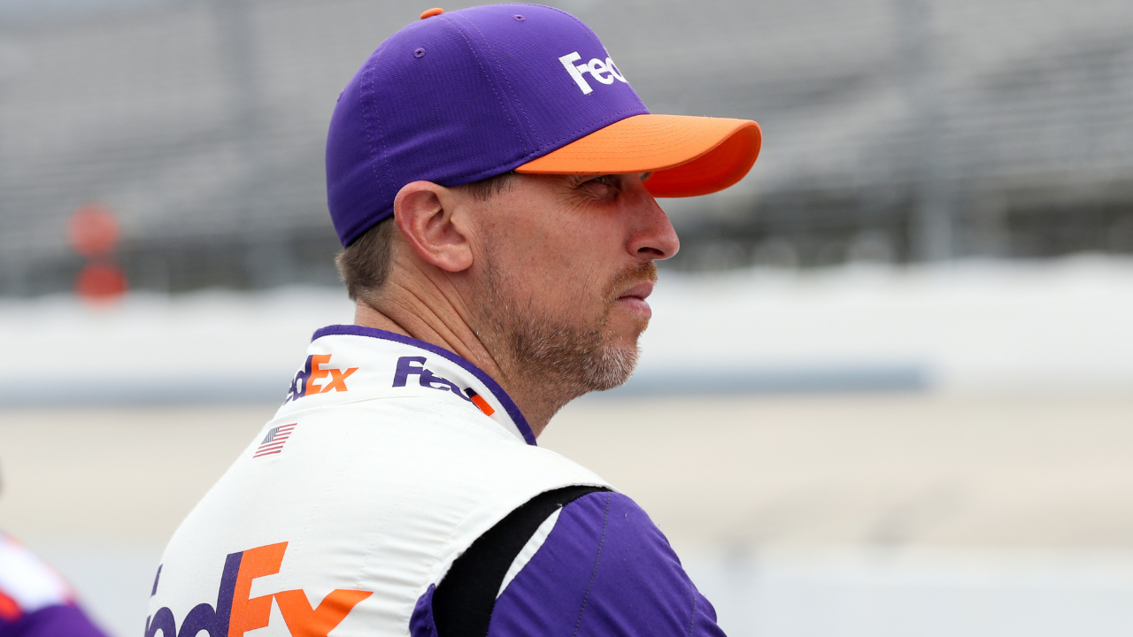 Apr 29, 2023; Dover, Delaware, USA; NASCAR Cup Series driver Denny Hamlin looks on during practice and qualifying for the Wurth 400 at Dover Motor Speedway. Mandatory Credit: Matthew OHaren-USA TODAY Sports
