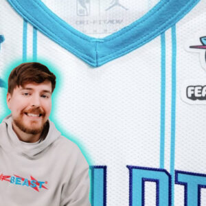An image showing MrBeast with Feastables logo on Charlotte Hornets jersey