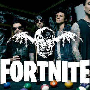 An image showing Avenged Sevenfold band members, logo and Fornite logo