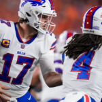 Buffalo Bills quarterback Josh Allen (17) hands off to running back James Cook (4) in the second quarter of the NFL Week 9 game between the Cincinnati Bengals and the Buffalo Bills at Paycor Stadium in Cincinnati on Sunday, Nov. 5, 2023.