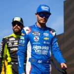 Nov 5, 2023; Avondale, Arizona, USA; NASCAR Cup Series drivers Kyle Larson (right) with Ryan Blaney (center) and Christopher Bell during the Championship Race at Phoenix Raceway. Mandatory Credit: Mark J. Rebilas-USA TODAY Sports