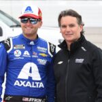 DARLINGTON, SC - MAY 08: NASCAR, Motorsport, USA Hall of Fame Driver and Hendrick Motorsports Executive Jeff Gordon and William Byron ( 24 Hendrick Motorsports Liberty University Chevrolet) look on during the running of the NASCAR Cup Series Goodyear 400 on May 08, 2022, at Darlington Raceway in Darlington, SC.(Photo by Jeffrey Vest/Icon Sportswire) AUTO: MAY 08 NASCAR Cup Series Goodyear 400