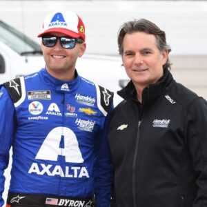 DARLINGTON, SC - MAY 08: NASCAR, Motorsport, USA Hall of Fame Driver and Hendrick Motorsports Executive Jeff Gordon and William Byron ( 24 Hendrick Motorsports Liberty University Chevrolet) look on during the running of the NASCAR Cup Series Goodyear 400 on May 08, 2022, at Darlington Raceway in Darlington, SC.(Photo by Jeffrey Vest/Icon Sportswire) AUTO: MAY 08 NASCAR Cup Series Goodyear 400