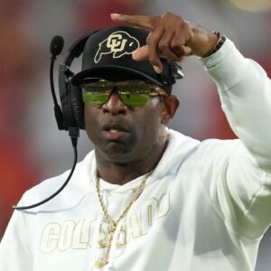 Colorado Buffaloes head coach Deion Sanders reacts against the UCLA Bruins in the first half at Rose Bowl.