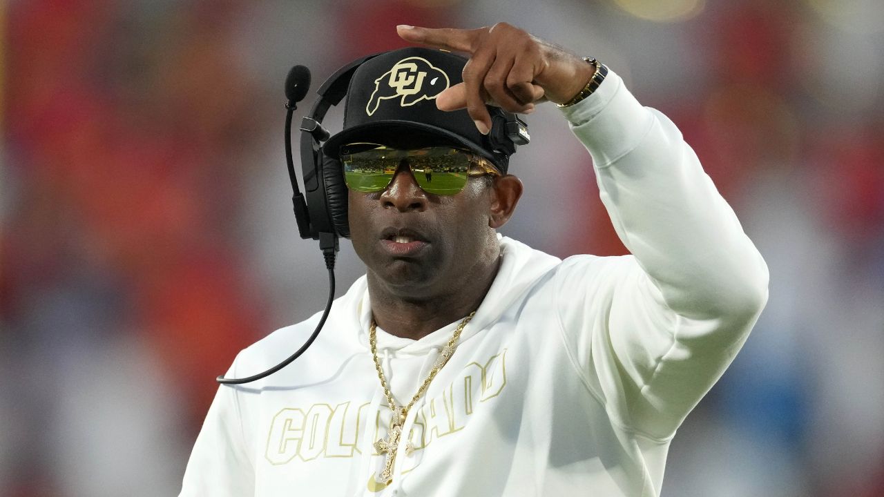 Colorado Buffaloes head coach Deion Sanders reacts against the UCLA Bruins in the first half at Rose Bowl.