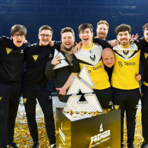 An image showing full Counter-Strike roster of Team Vitality at BLAST Premier Fall Final 2023 with apEX on second from left lifting the trophy