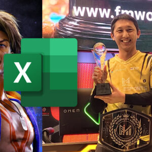 An image showing Andrew 'The Annihilator' Ngai, the winner of Microsoft Excel esports with Street Fight 6 character on right