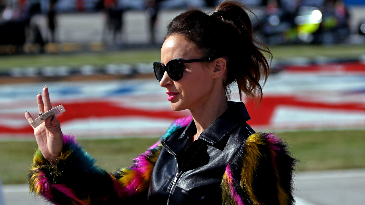 Nov 3, 2019; Fort Worth, TX, USA; NASCAR Cup Series driver Kyle Busch's wife Samantha Busch before the AAA Texas 500 at Texas Motor Speedway. Mandatory Credit: Peter Casey-USA TODAY Sports