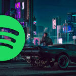 An image showing a screenshot of Cyberpunk 2077 with Spotify for Gaming playlist