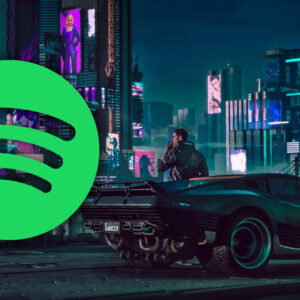 An image showing a screenshot of Cyberpunk 2077 with Spotify for Gaming playlist