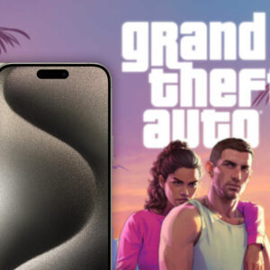 An image showing GTA 6 main cover with iPhone 15 Pro mobile