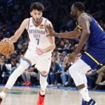 Dec 8, 2023; Oklahoma City, Oklahoma, USA; Oklahoma City Thunder forward Chet Holmgren (7) moves to the basket against Golden State Warriors forward Draymond Green (23) during the second quarter at Paycom Center. Mandatory Credit: Alonzo Adams-USA TODAY Sports