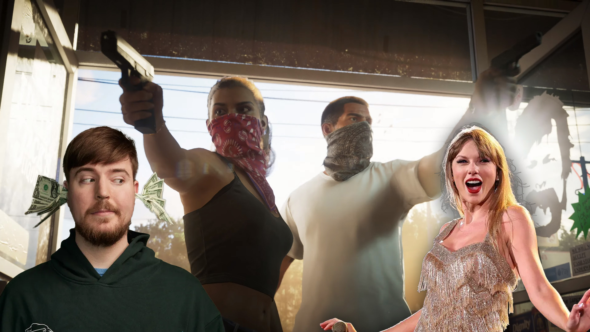 An image showing a snippet from GTA 6 trailer with MrBeast and Taylor Swift