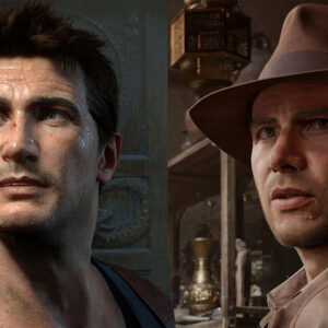 An image showing Indiana Jones game screenshot on right and Uncharted on left