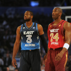 Feb 26, 2012; Orlando, FL, USA; Eastern Conference guard Dwyane Wade (3) of the Miami Heat and Western Conference guard Kobe Bryant of the Los Angeles Lakers (24) in the third quarter at the 2012 NBA All-Star Game at the Amway Center.