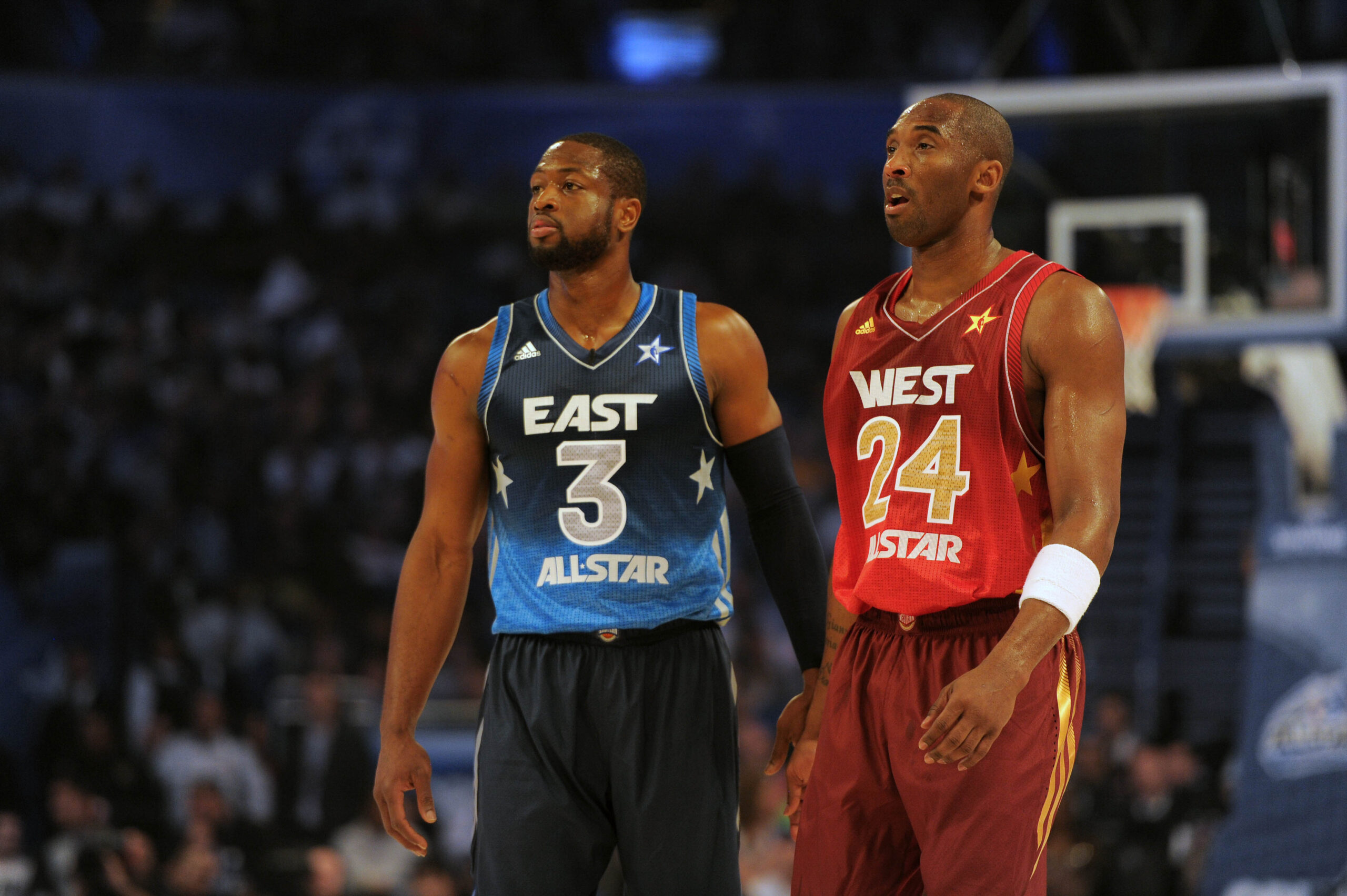 Feb 26, 2012; Orlando, FL, USA; Eastern Conference guard Dwyane Wade (3) of the Miami Heat and Western Conference guard Kobe Bryant of the Los Angeles Lakers (24) in the third quarter at the 2012 NBA All-Star Game at the Amway Center.