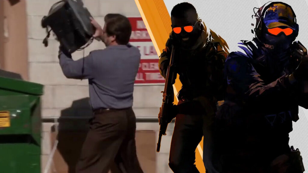 An image showing CS2 cover image with guy throwing PC